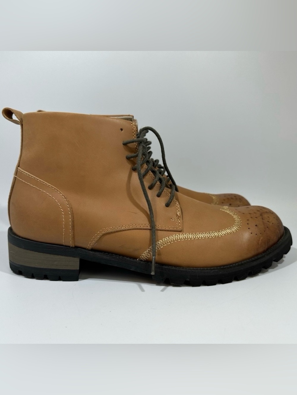 Herilios Mens Tan Brown Leather Contrast Stitch Lug Wingtip Boots 42 8.5